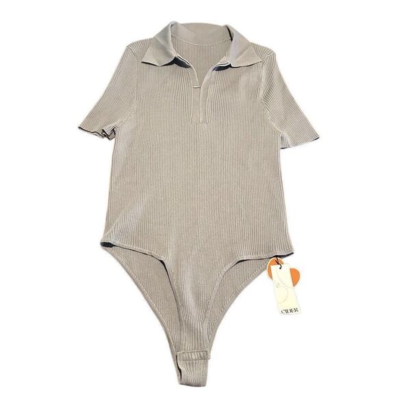 Cider Womens Plus Size 4XL Gray Ribbed Collar Knitted Bodysuit Stretch Top New - Picture 1 of 14